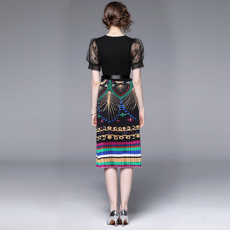 False Two-Piece Mesh Stitching Printing Dress