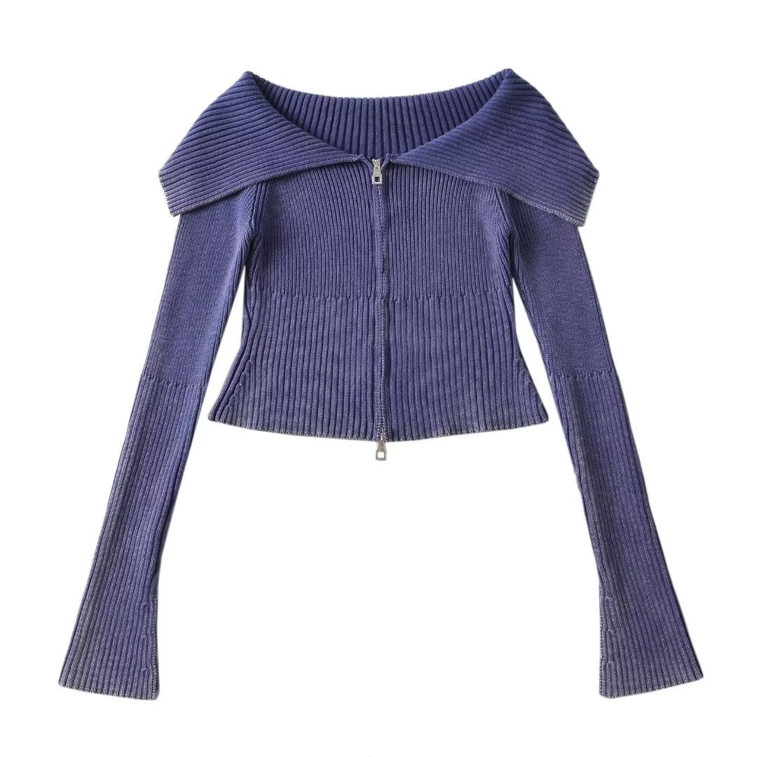 Lapel Zipper Knitted Cardigan