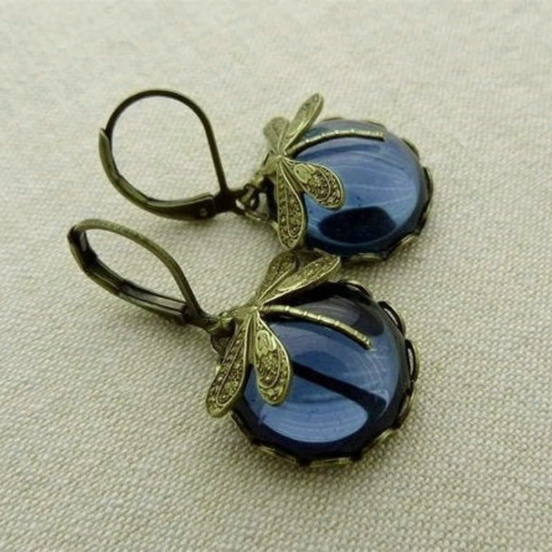 Vintage Dragonfly Pendant Earrings - Blue Moonstone Drop Earrings For Women