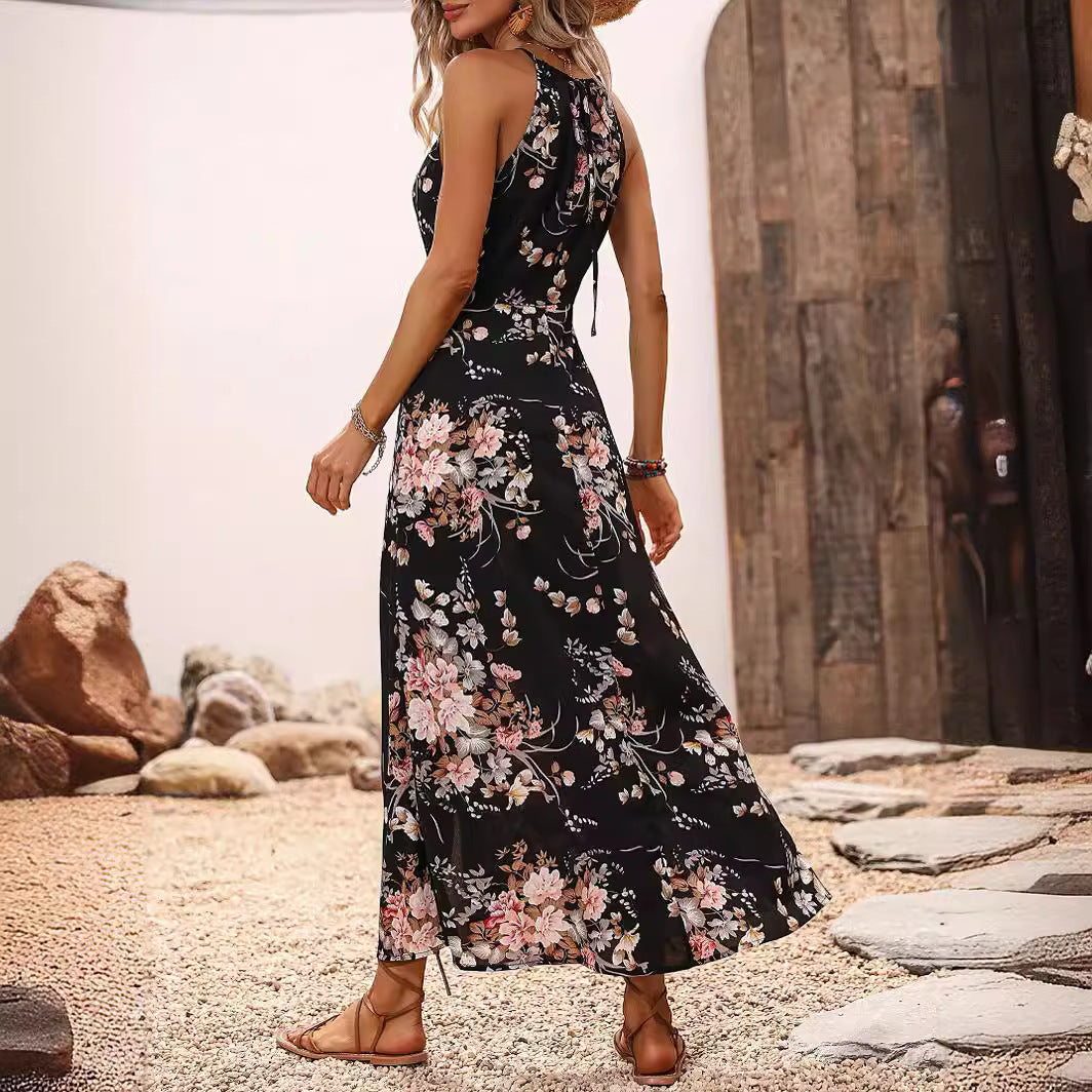 Halter Spaghetti Straps Short-Sleeve Slit Dress