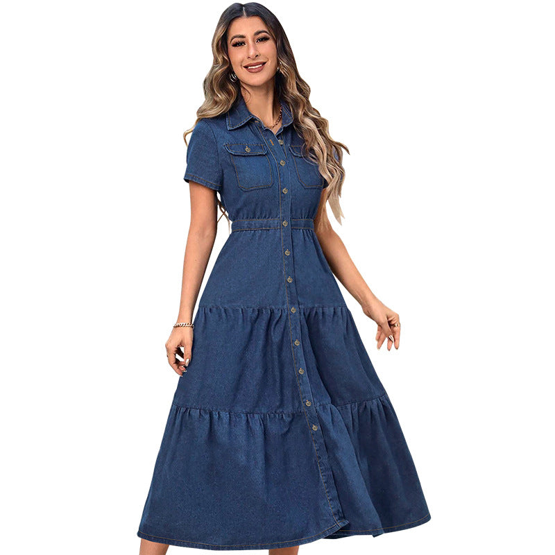 Denim Lapel Short-Sleeve Waist-Controlled Long Dress