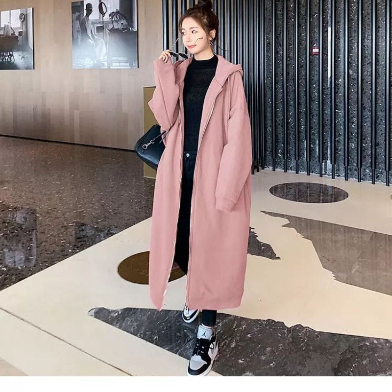 Loose-Fitting Plus-Size Pullover Hooded Fleece-Lined Thickened Long-Section Zipper Hong Kong Style Cardigan Dress