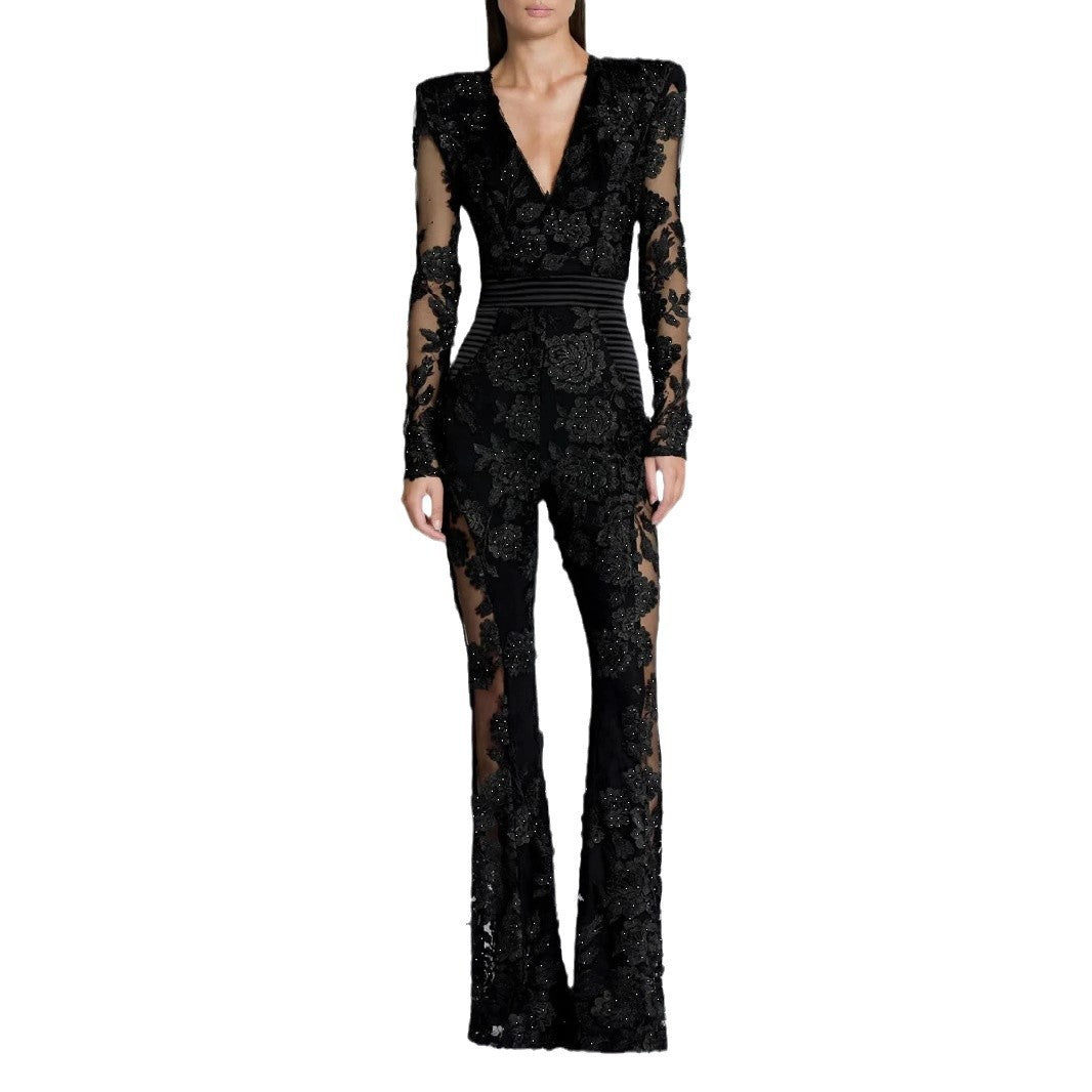 Lace Rhinestone Long-Sleeve Evening Jumpsuit