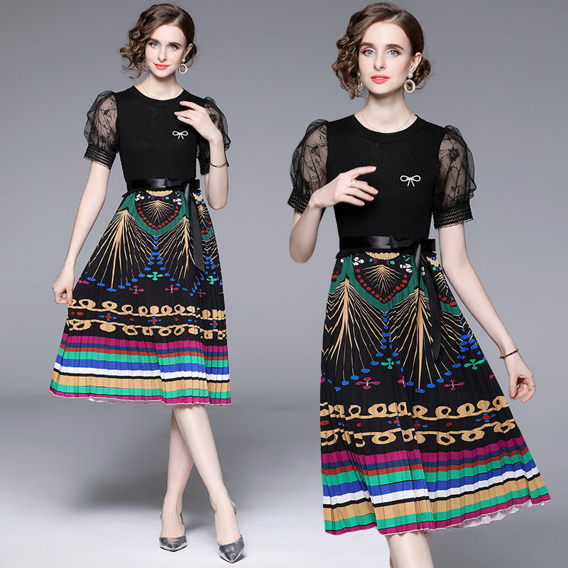 False Two-Piece Mesh Stitching Printing Dress