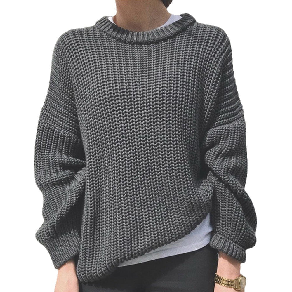 Thick-Needle Long-Sleeve Round-Neck Loose Knitted Pullover Sweater