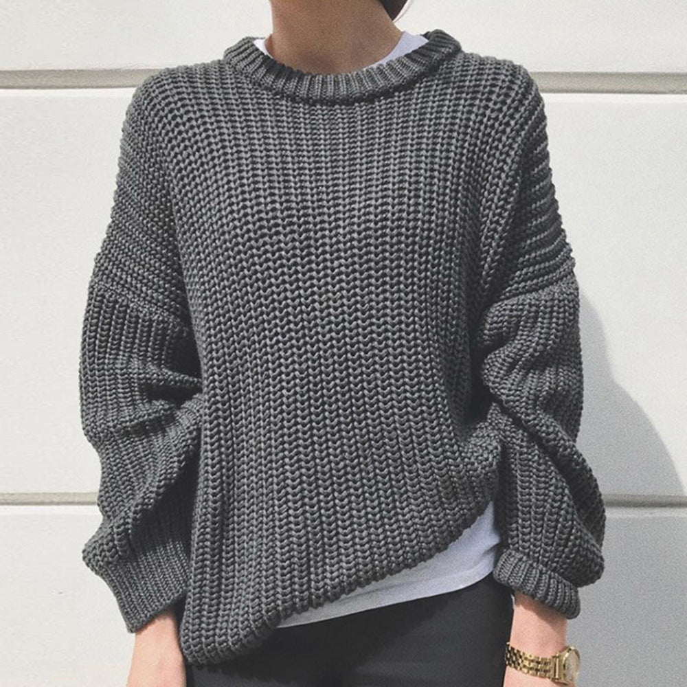 Thick-Needle Long-Sleeve Round-Neck Loose Knitted Pullover Sweater