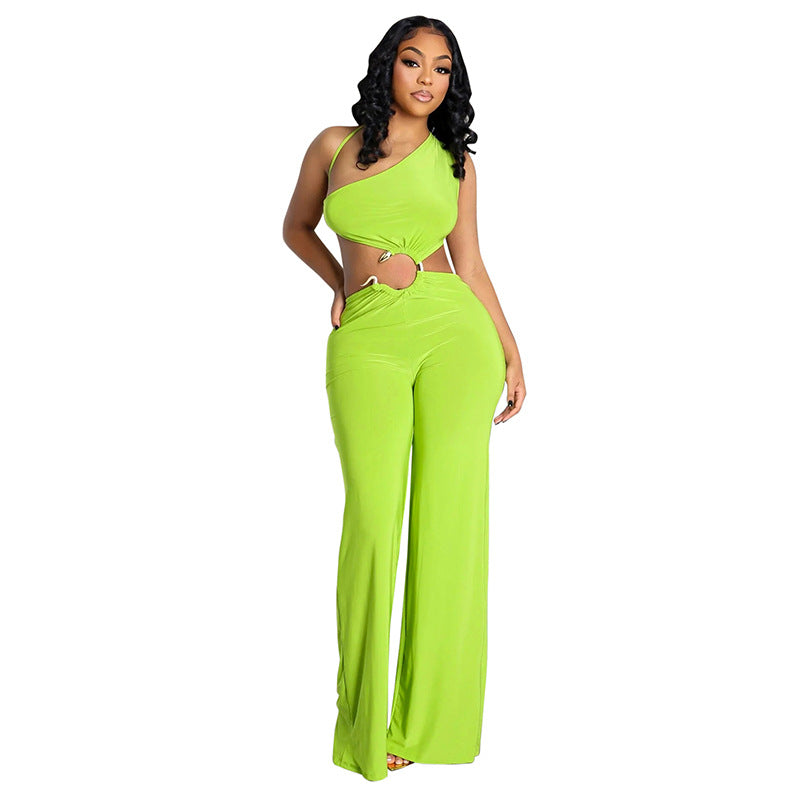 Hollow-Out Diagonal-Collar Conjoined Lace-Up Jumpsuit