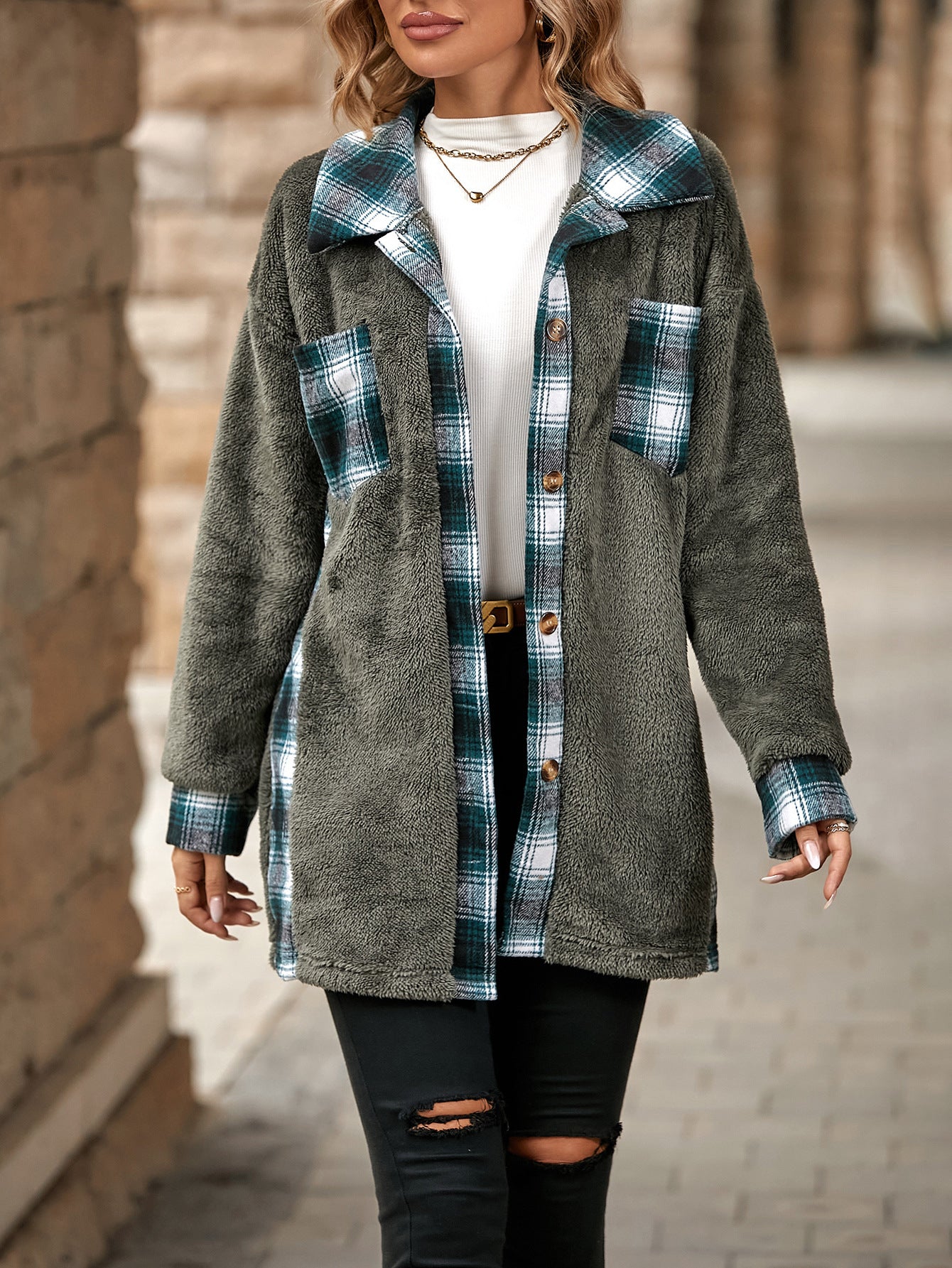 Single-Breasted Lapel Midi Plaid Plush Coat