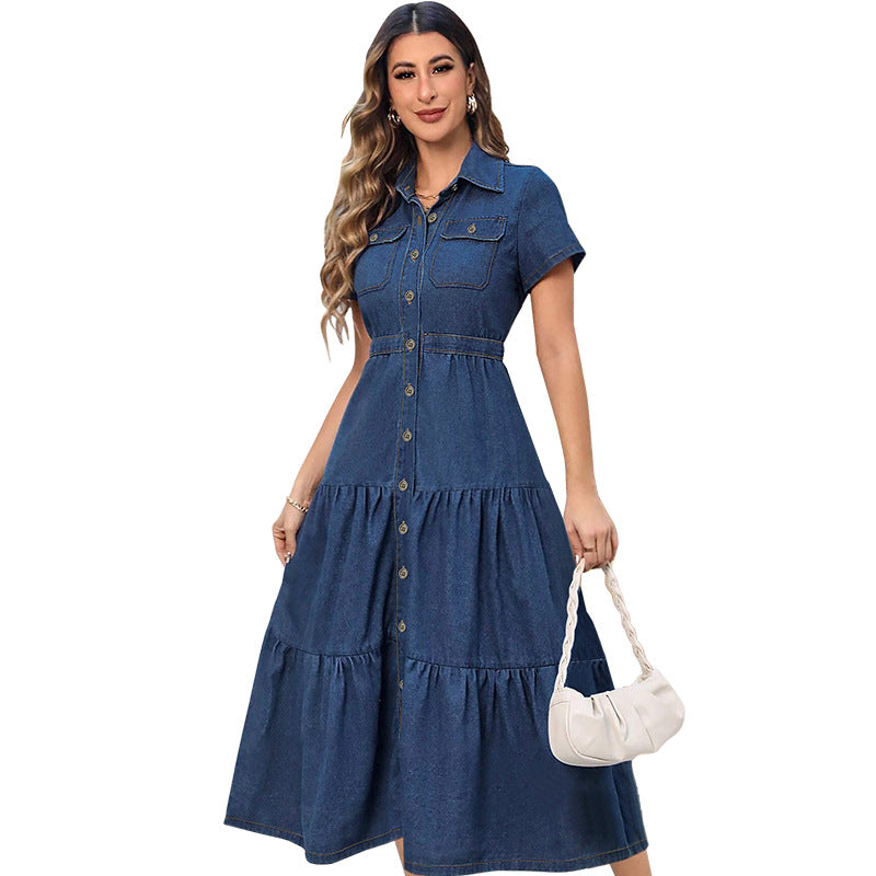 Denim Lapel Short-Sleeve Waist-Controlled Long Dress