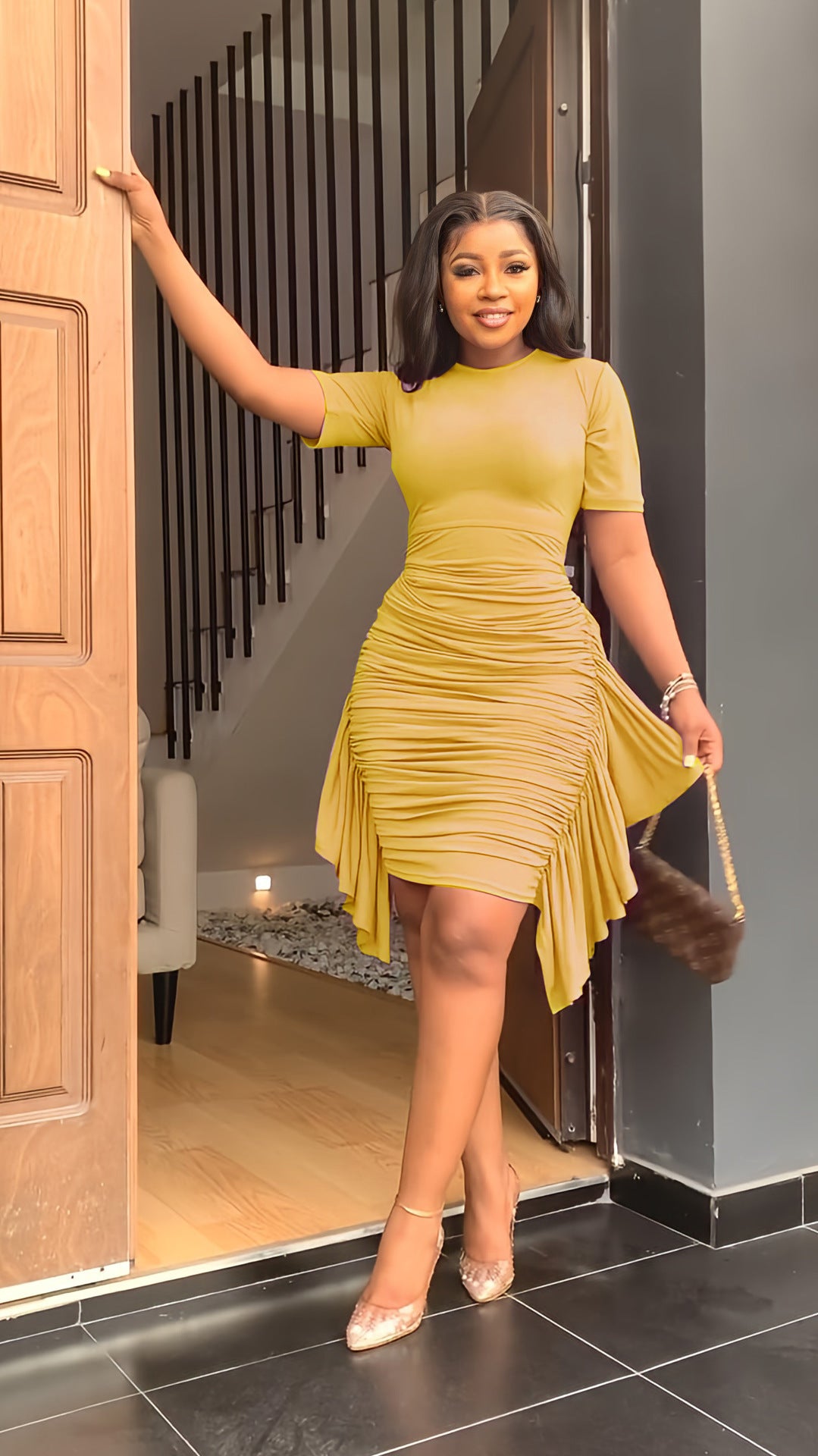 Solid Color Irregular Ruffled Slim Pleated Dress