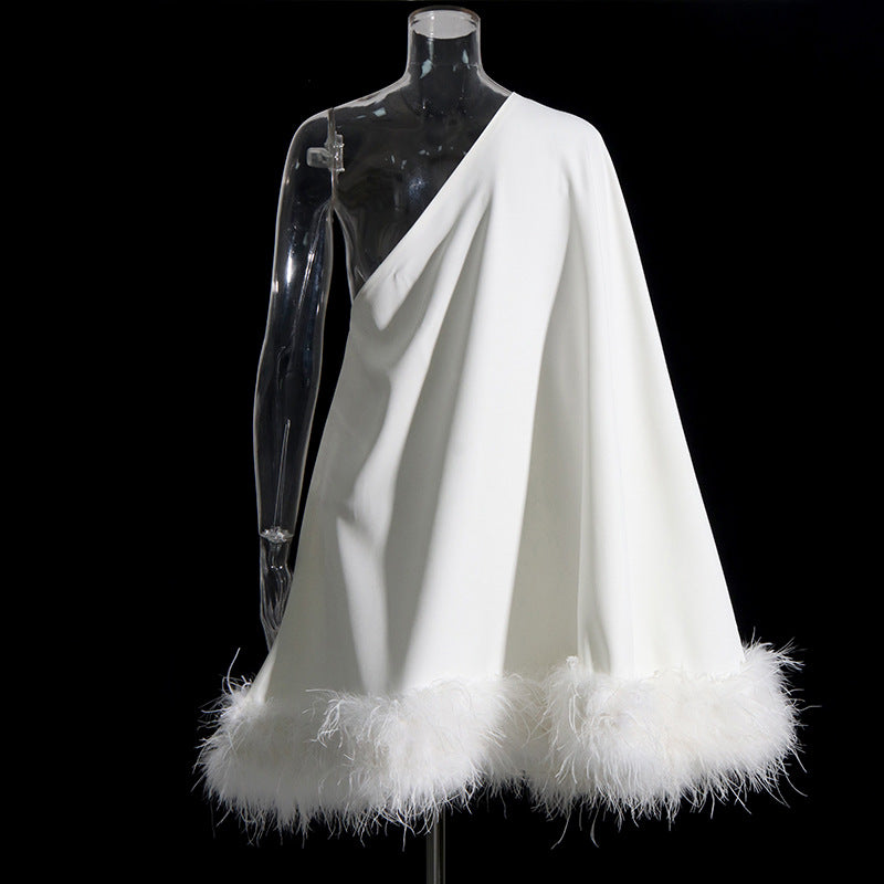 One Shoulder Feather Trim Evening Dress Solid Color Short Dress
