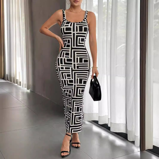 Printed Short-Sleeve Long Dress