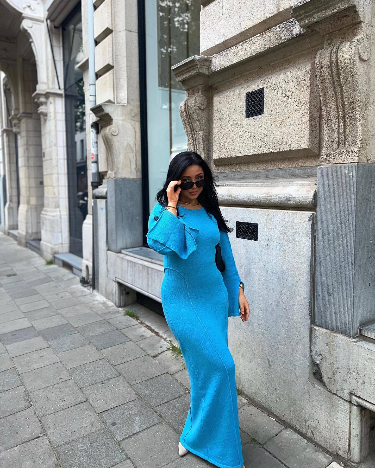 Bell-Sleeve Slim Round-Neck Knitted Dress