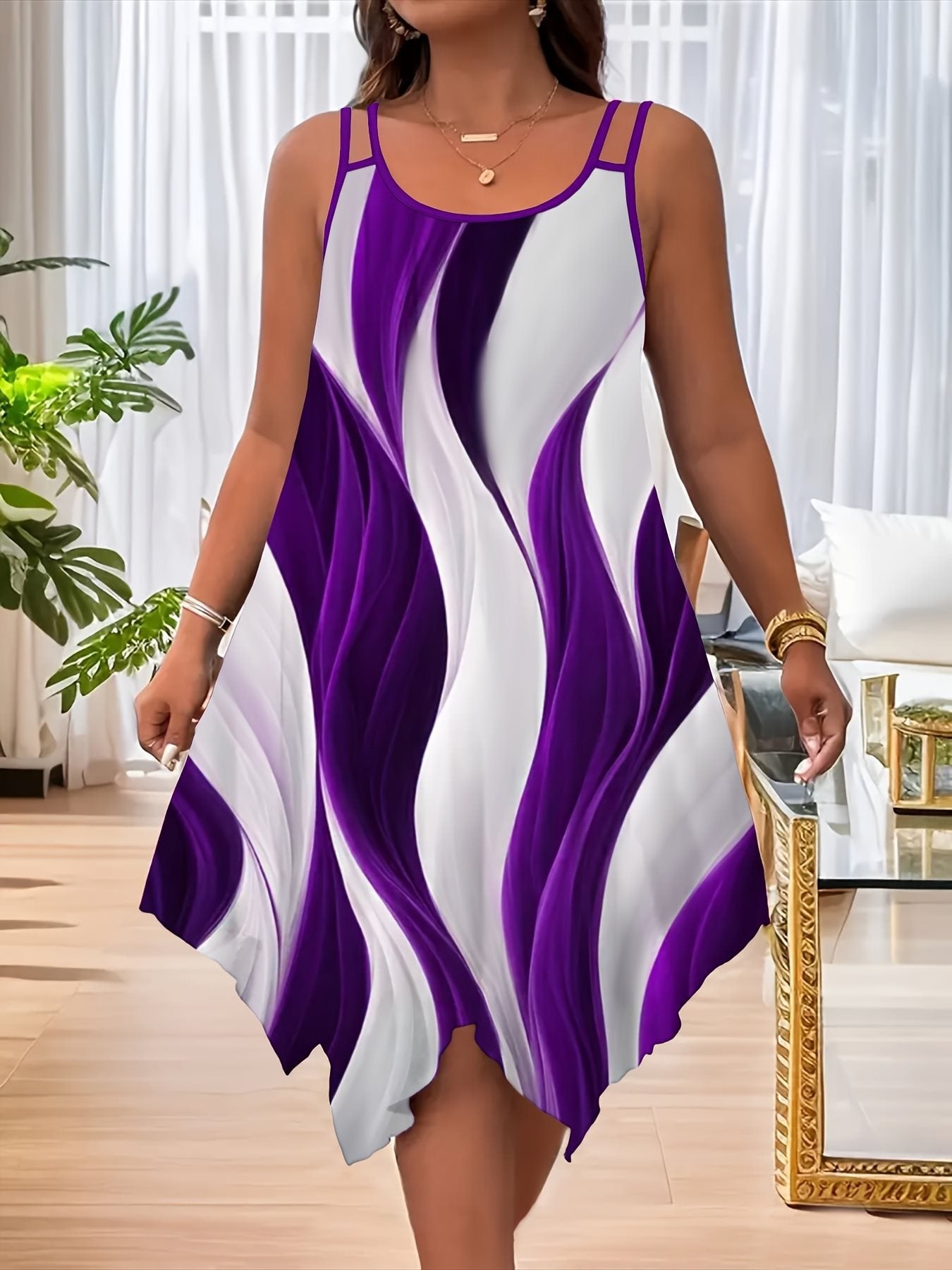 Plus-Size Double Shoulder-Strap Printed Midi Dress