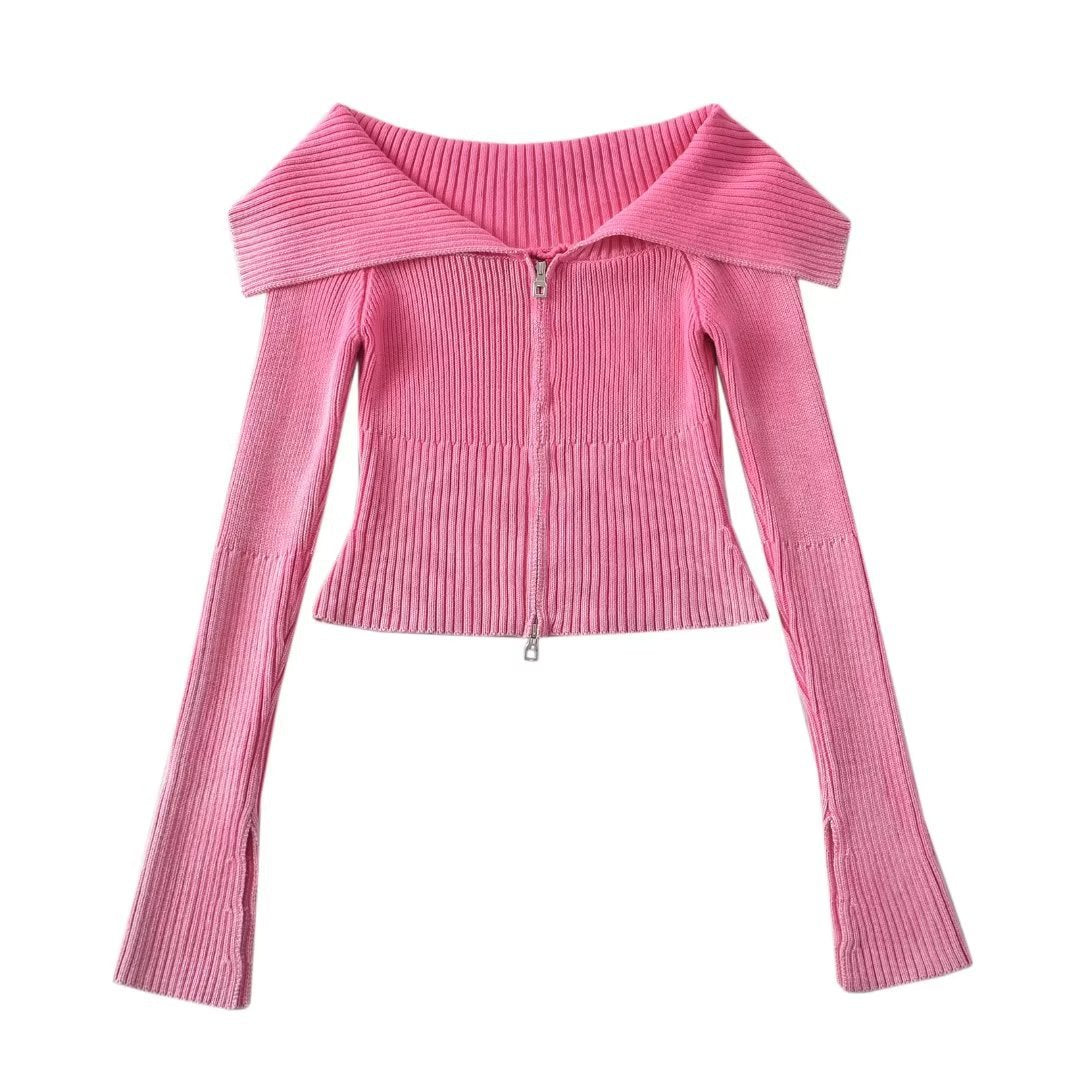 Lapel Zipper Knitted Cardigan