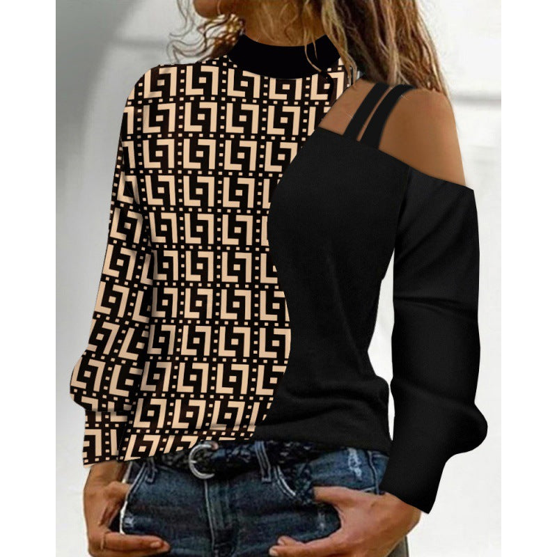 Simplicity Off-the-Shoulder Coloured Geometric Blocks Pattern Long-Sleeve Top