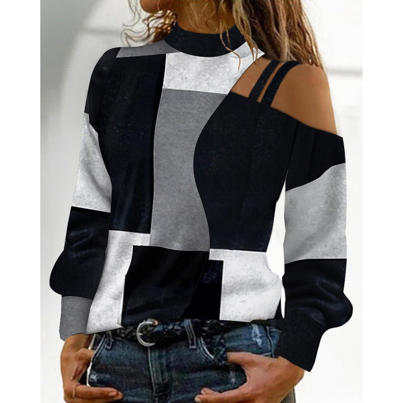 Simplicity Off-the-Shoulder Coloured Geometric Blocks Pattern Long-Sleeve Top