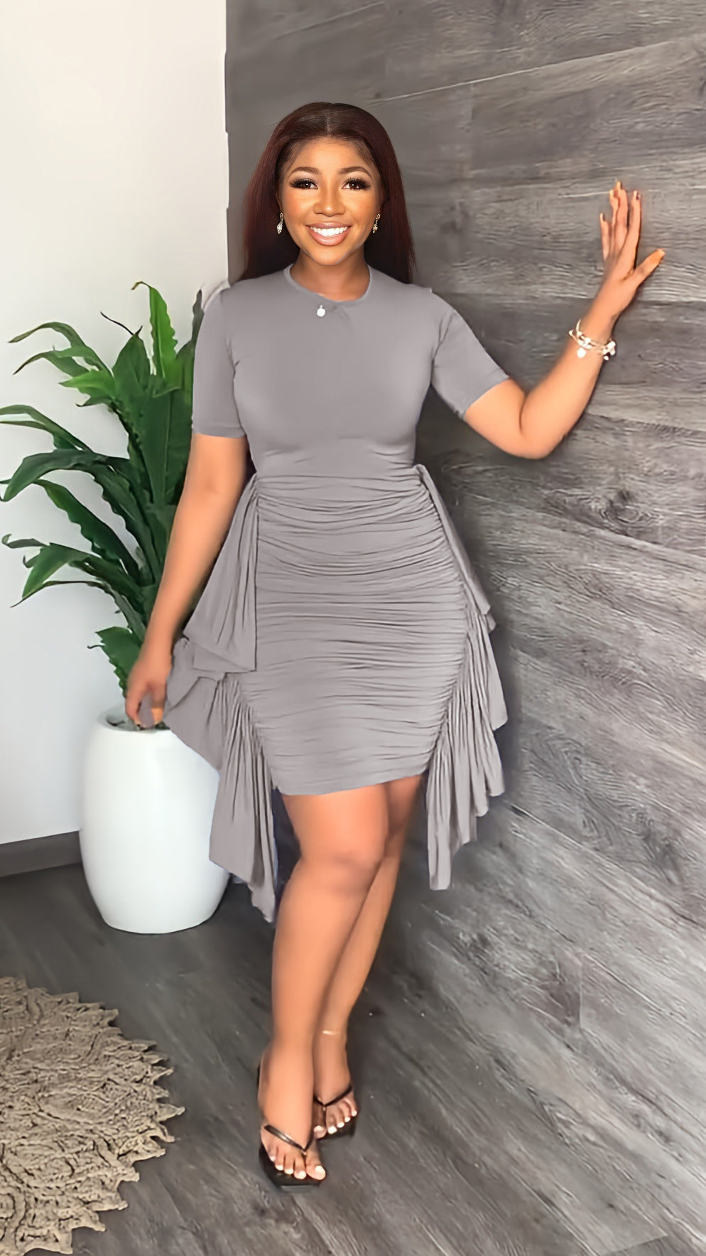 Solid Color Irregular Ruffled Slim Pleated Dress