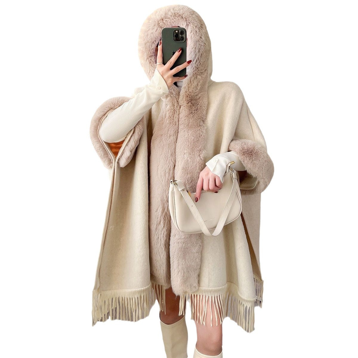 Vintage Knitted Tassel Fleece-Lined Thickened Shawl Cape Coat