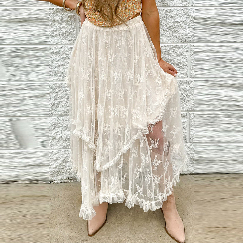 Irregular-Hem Mesh Long Skirt