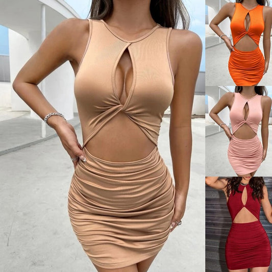 European & American Hollow Pleated Suspender Mini  Dress For Women
