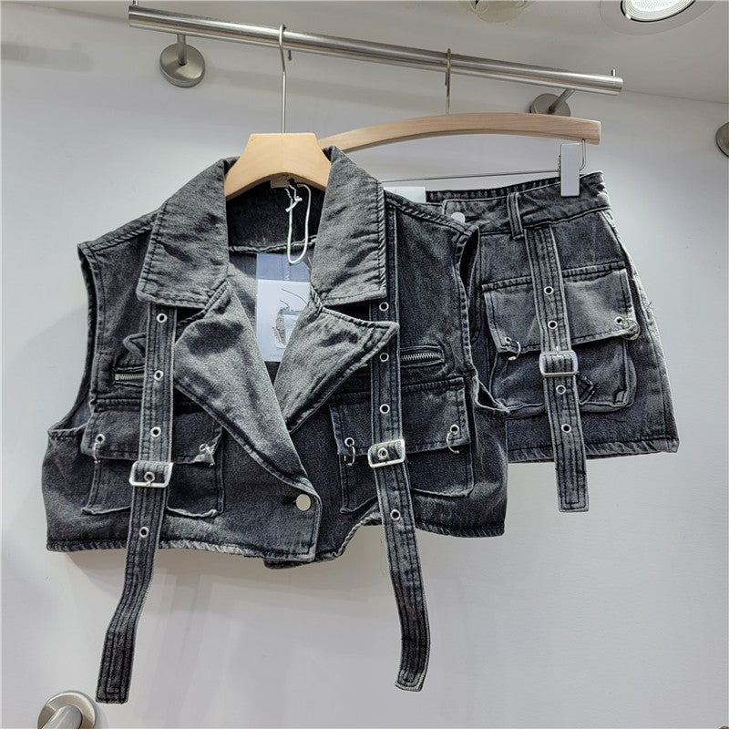 Fashion Retro Workwear Denim Suit Women