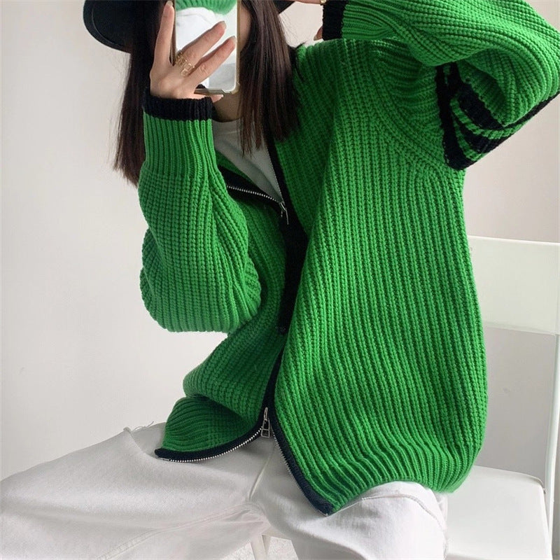 Contrast-Colour Striped Stitching Zipped Stand-Collar Sweater Coat
