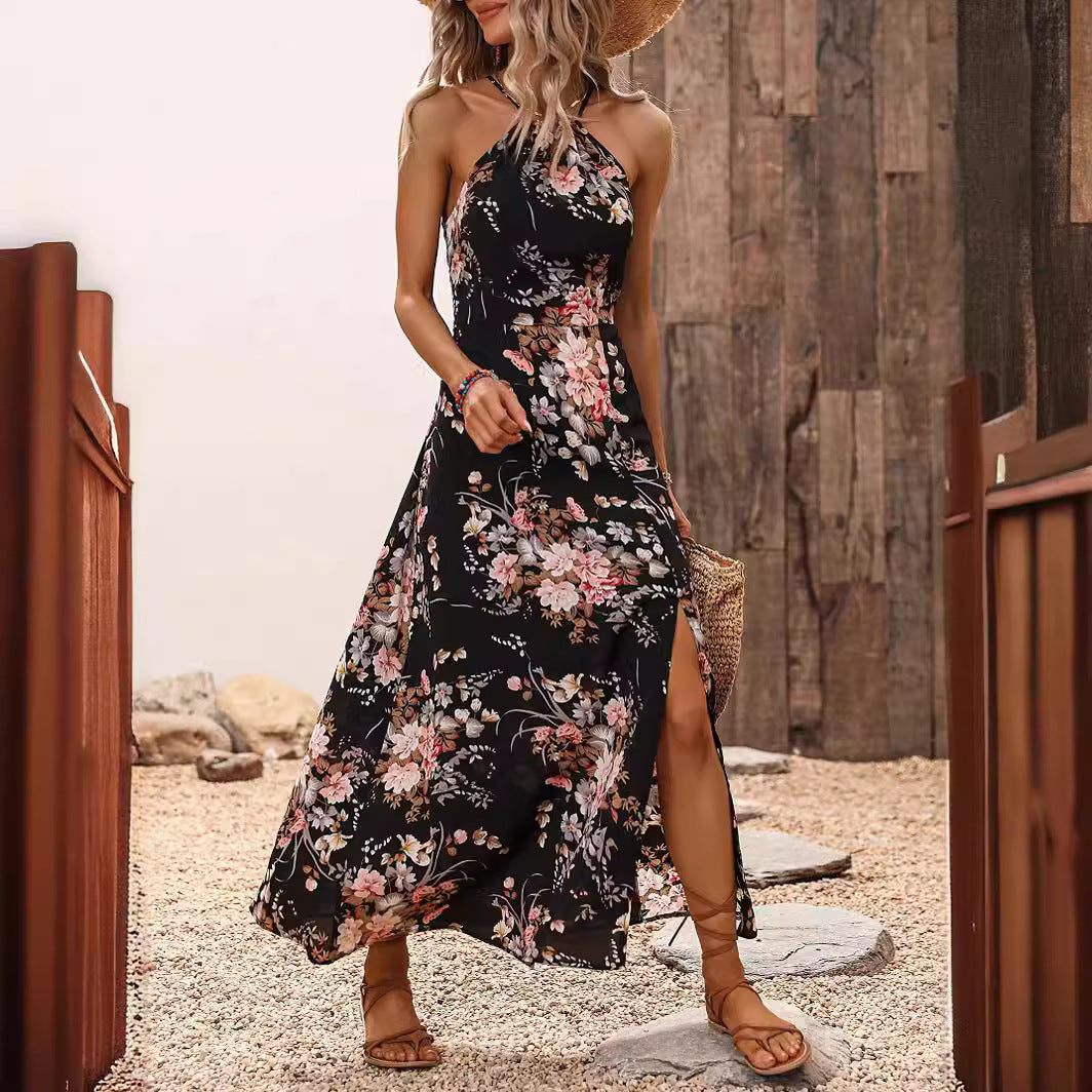 Halter Spaghetti Straps Short-Sleeve Slit Dress