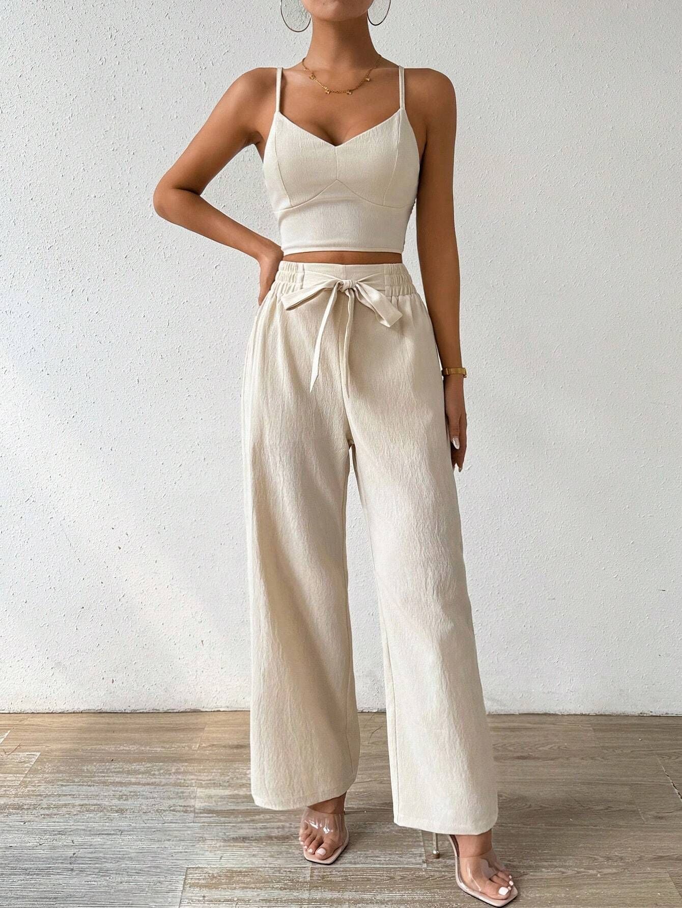 Women's Gathering Bra Cup With Top Stretchy Straight-leg Pants Holiday Casual Suit