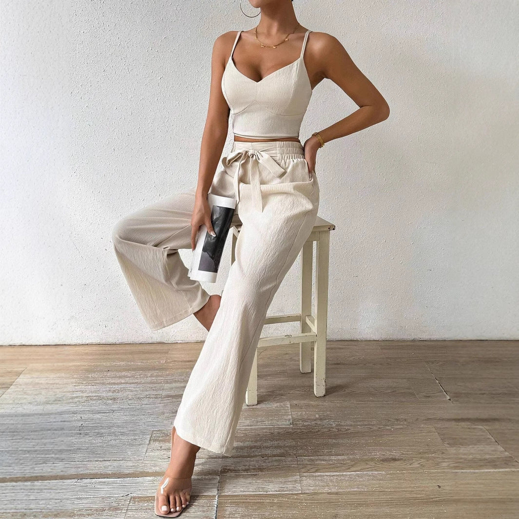 Women's Gathering Bra Cup With Top Stretchy Straight-leg Pants Holiday Casual Suit