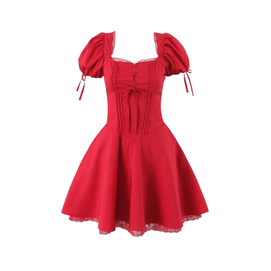Lace Puff Short-Sleeve Mini Dress