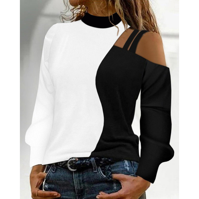 Simplicity Off-the-Shoulder Coloured Geometric Blocks Pattern Long-Sleeve Top