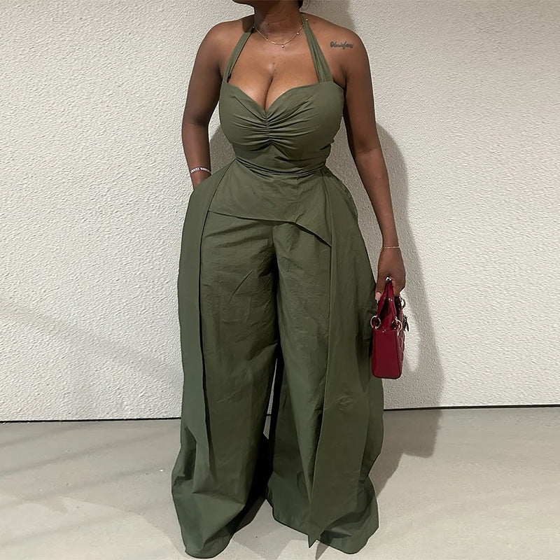 V-Neck Irregular Sleeveless High-Waist Ribbon Jumpsuit