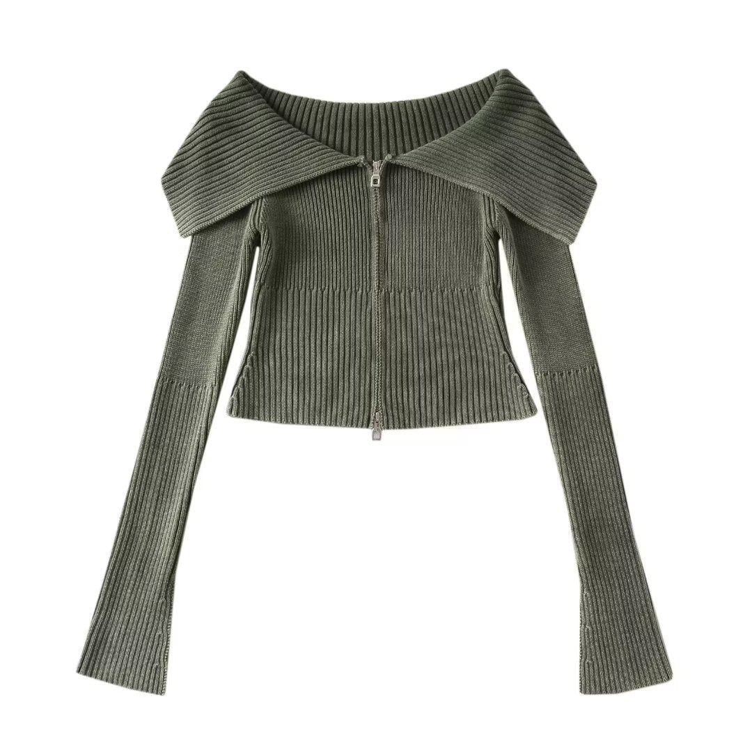 Lapel Zipper Knitted Cardigan