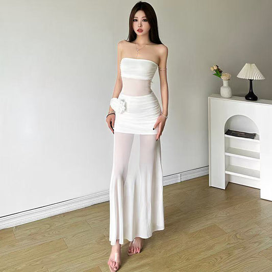 Rose Mesh Stitching Tube-Top Maxi Dress