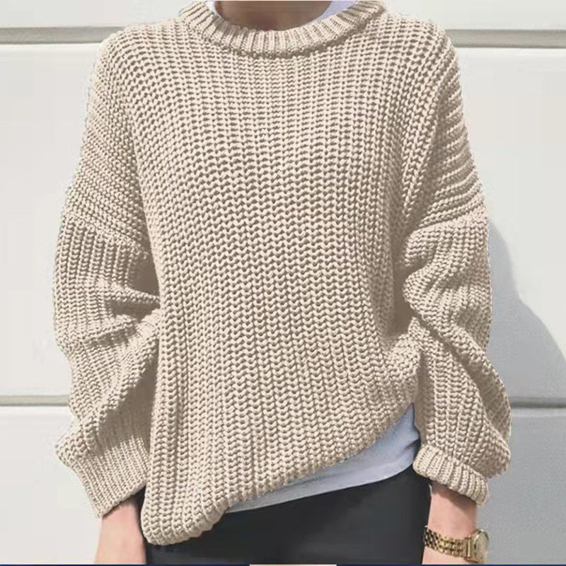 Thick-Needle Long-Sleeve Round-Neck Loose Knitted Pullover Sweater