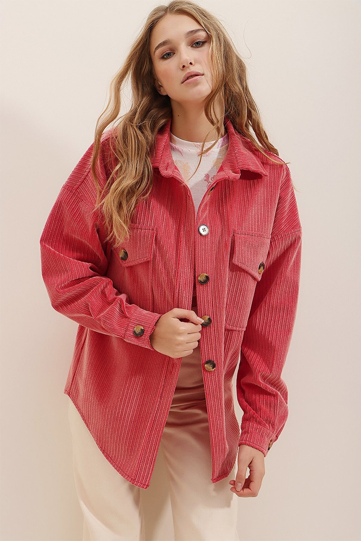 Corduroy Pocket Long-Sleeve Coat For Women