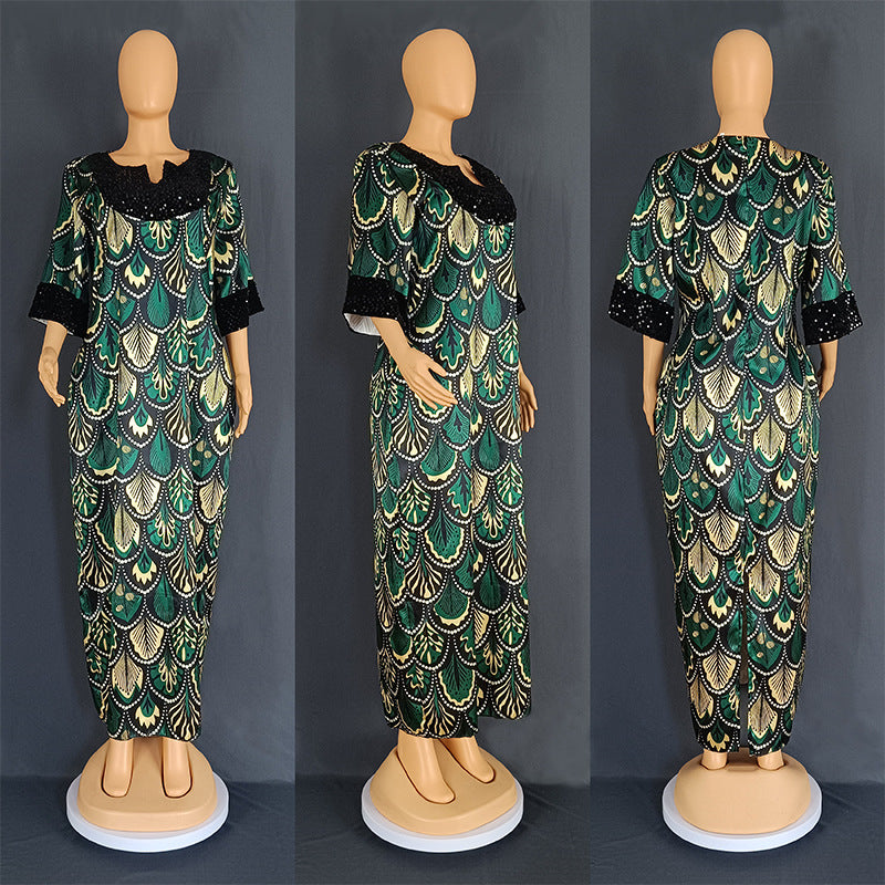 Plus Size Women's Satin Sequin Long Gown Dress