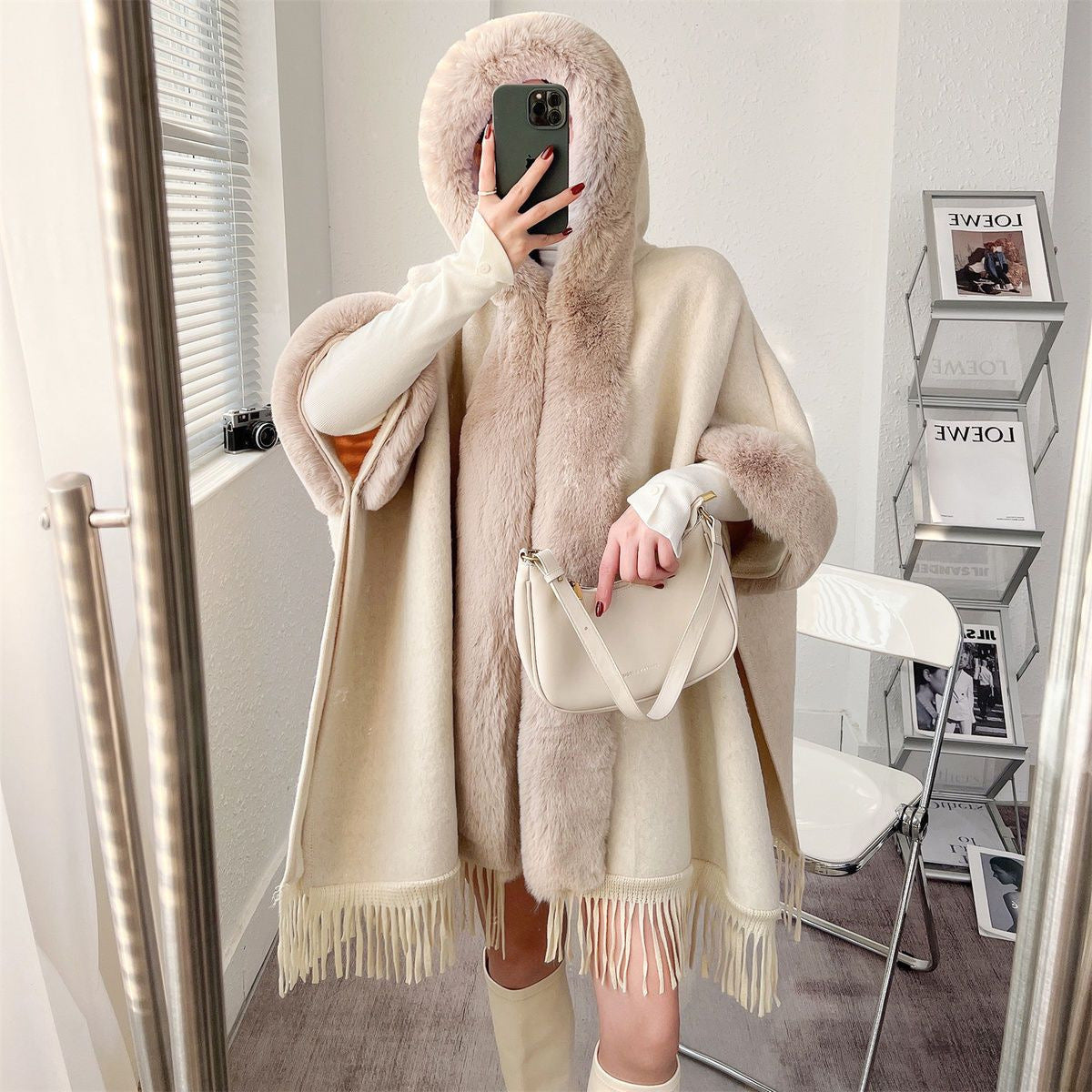 Vintage Knitted Tassel Fleece-Lined Thickened Shawl Cape Coat