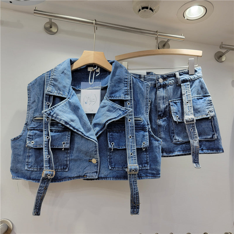 Fashion Retro Workwear Denim Suit Women