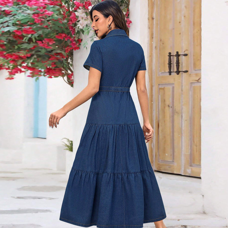 Denim Lapel Short-Sleeve Waist-Controlled Long Dress