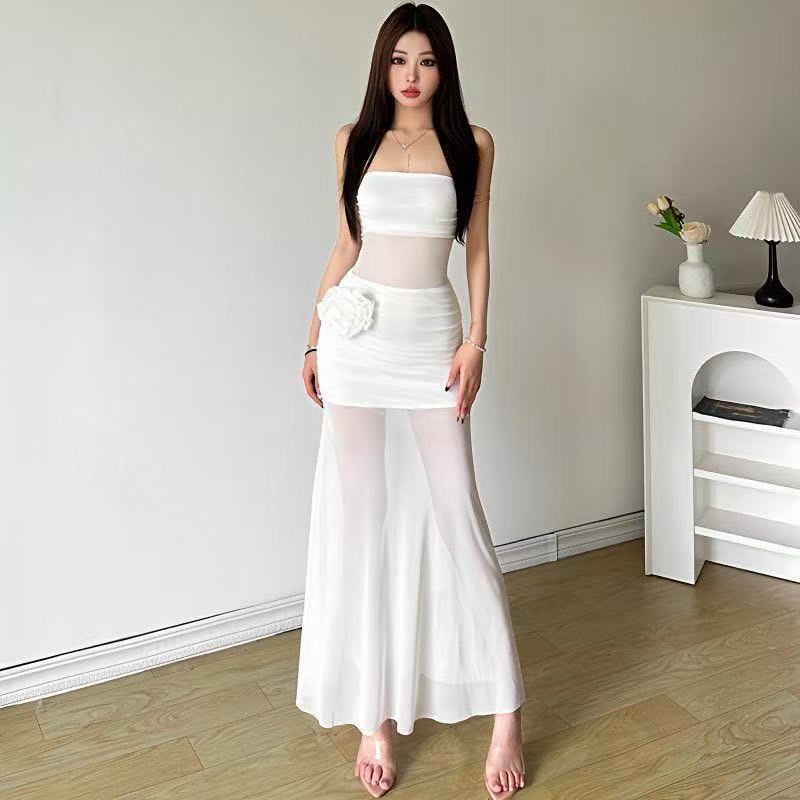 Rose Mesh Stitching Tube-Top Maxi Dress