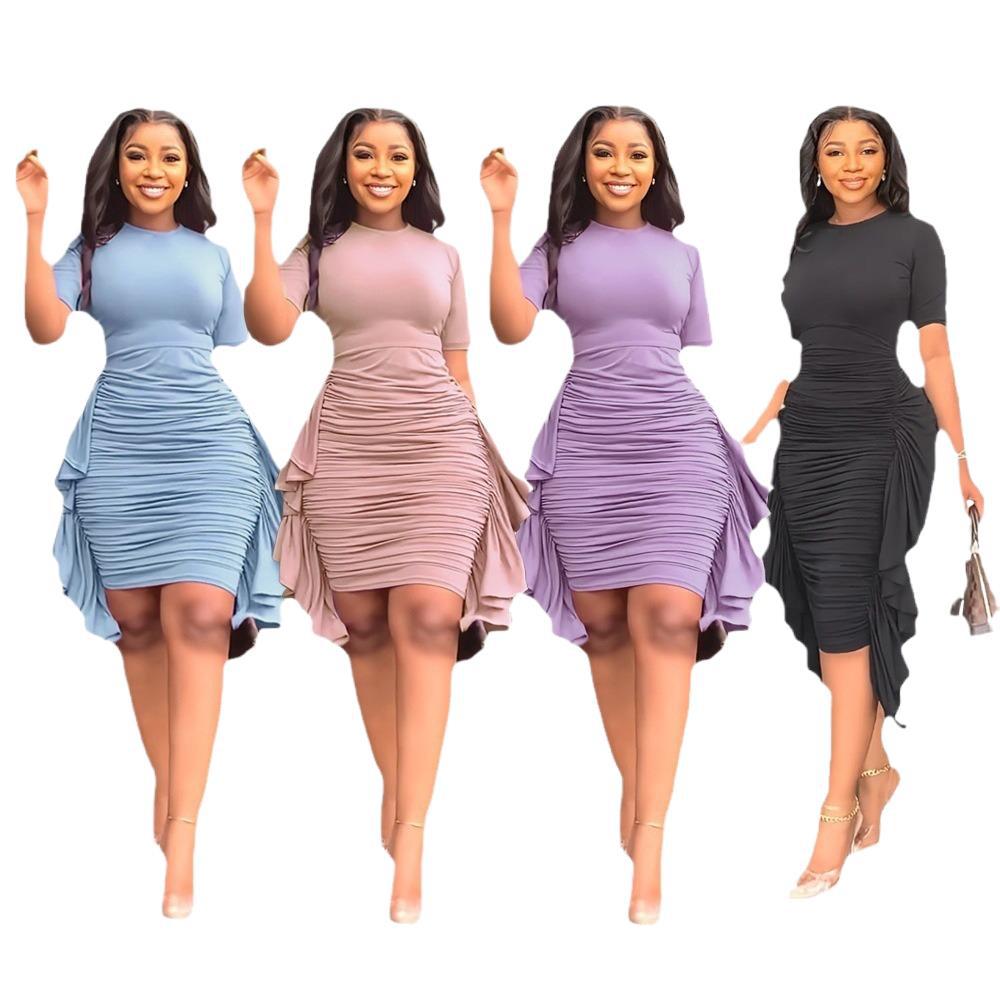 Solid Color Irregular Ruffled Slim Pleated Dress