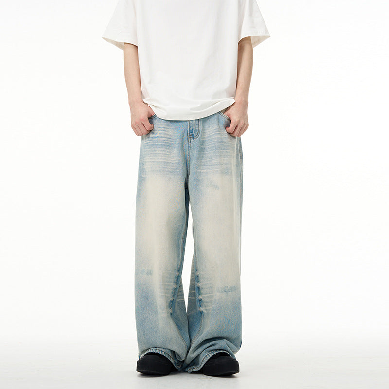 Water Washed Hole Wide Jeans For Men And Women
