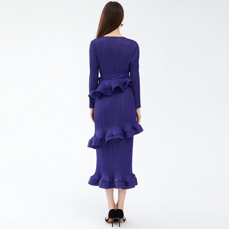 Ruffled Long-Sleeve Lace-Up Midi Dress