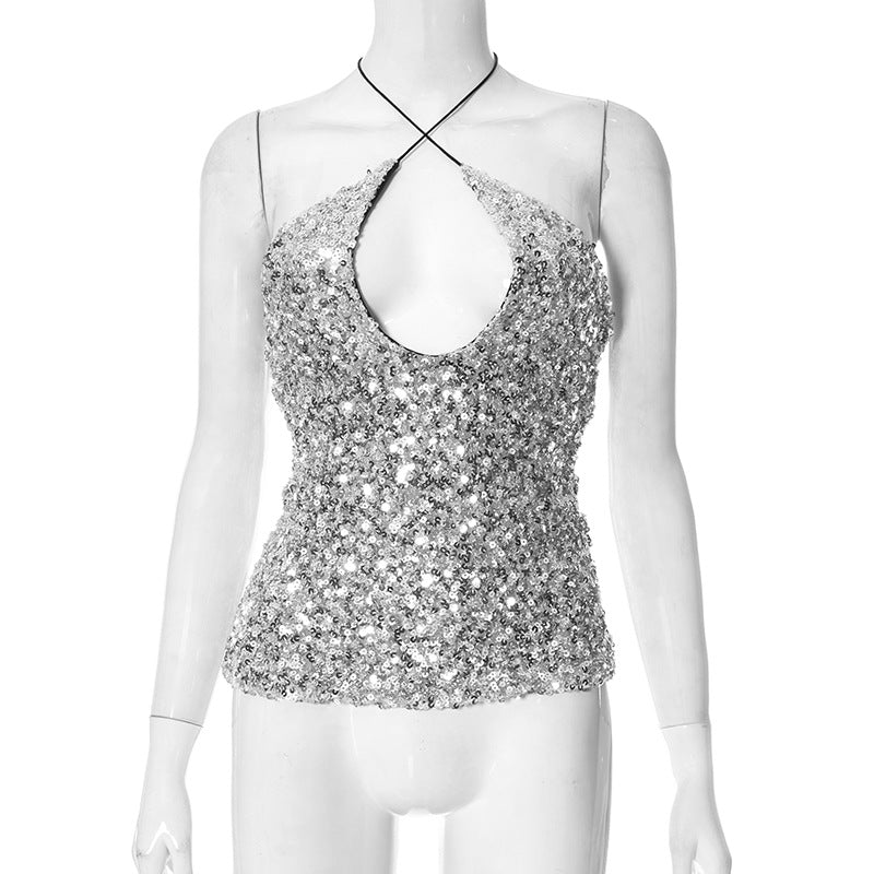 Slim-Fit Halter Sequined Sleeveless Solid-Colour Top