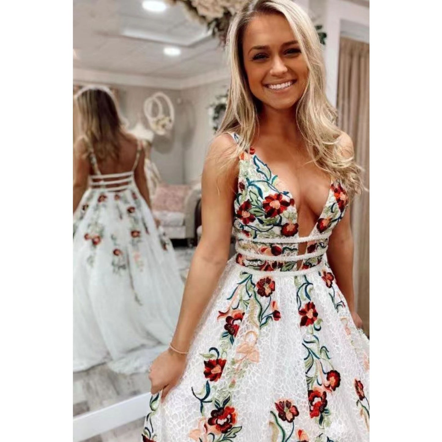 Backless Flower Decoration V-Neck Long Dress