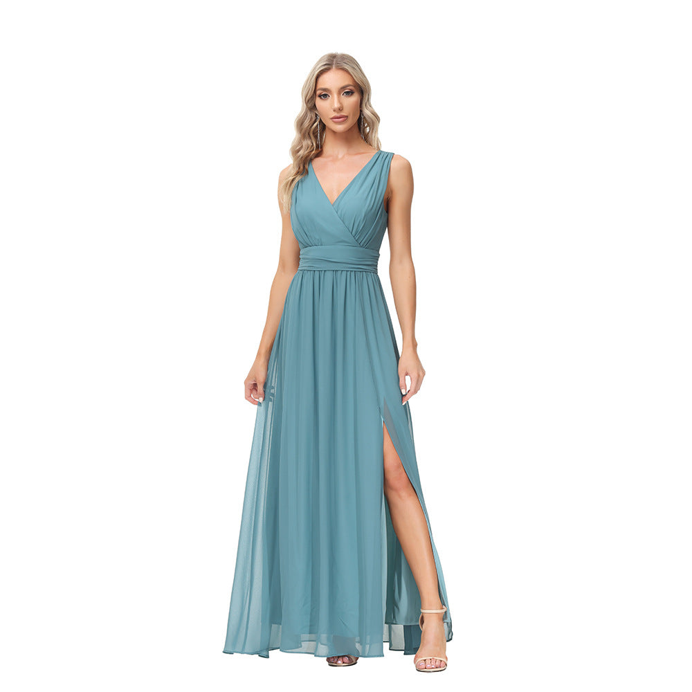 Chiffon Elegant Double V-Neck Sleeveless A- Line Evening Dress For Women