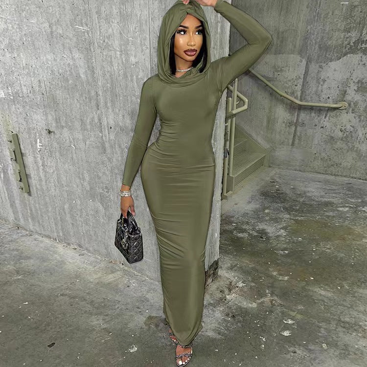 Hooded Hip Split Slim-Fit Dress