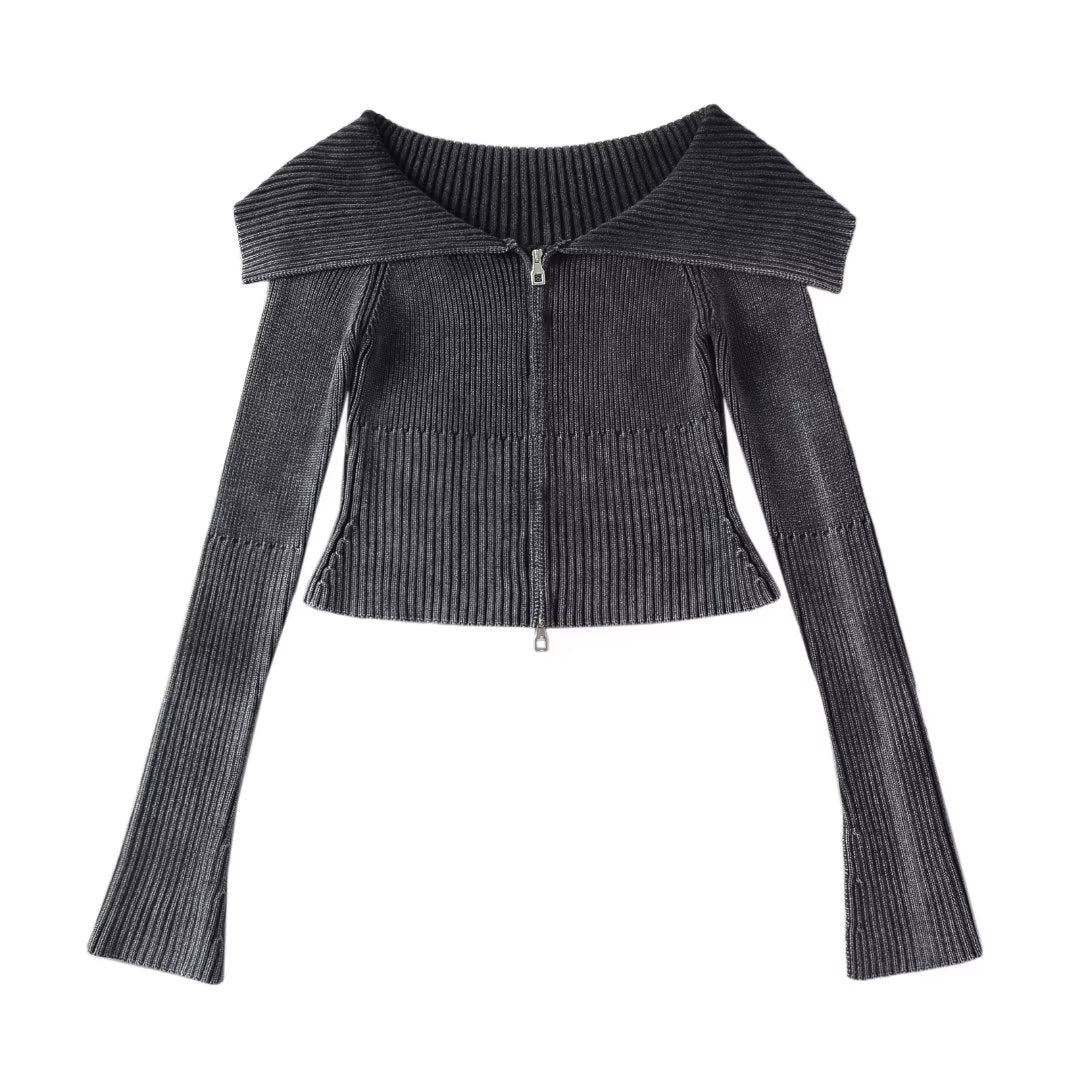 Lapel Zipper Knitted Cardigan